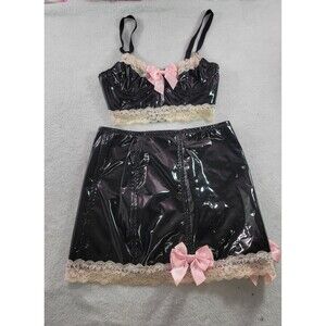 Dolls Kill Widow Black Pink Lace Two-Piece Set Sz S Kawaii Goth E Girl Lingerie